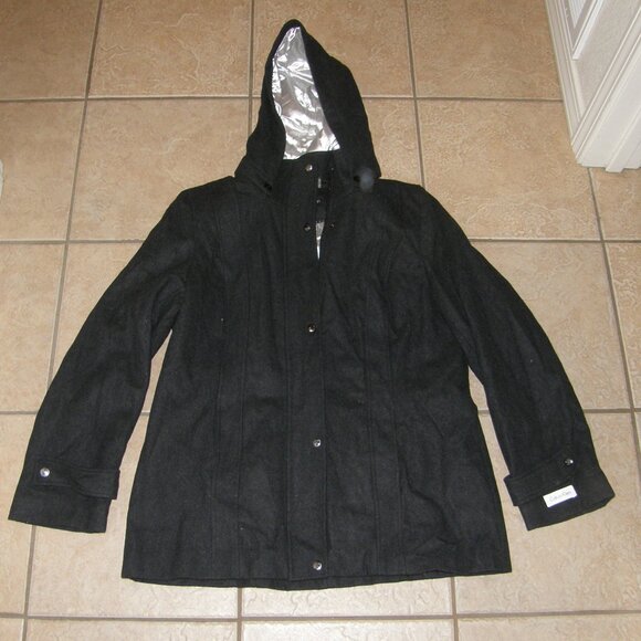NEW Black Sz 16 Wool Blend Removeable Hood Coat Pockets CALVIN KLEIN - Picture 1 of 8